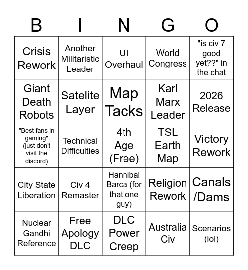Civ 7 Announcement Bingo Card