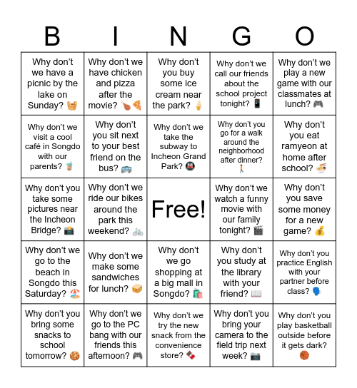 B11 L1 Why don't . . .? Conversation Questions Bingo Card
