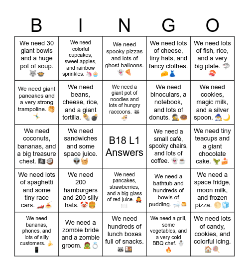 B18 L1 Answers We need a zombie bride and a zombie groom. 🧟💍 Bingo Card