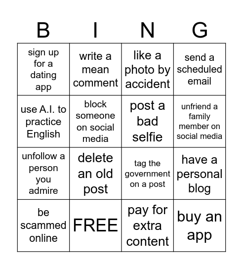 Online experiences Bingo Card