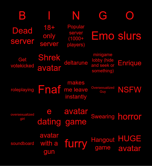 VR CHAT BINGO BOARD Bingo Card