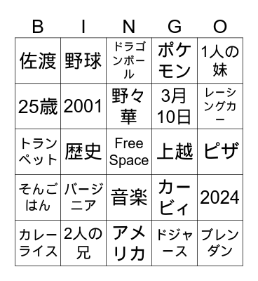 Brendan Bingo Japanese Version Bingo Card