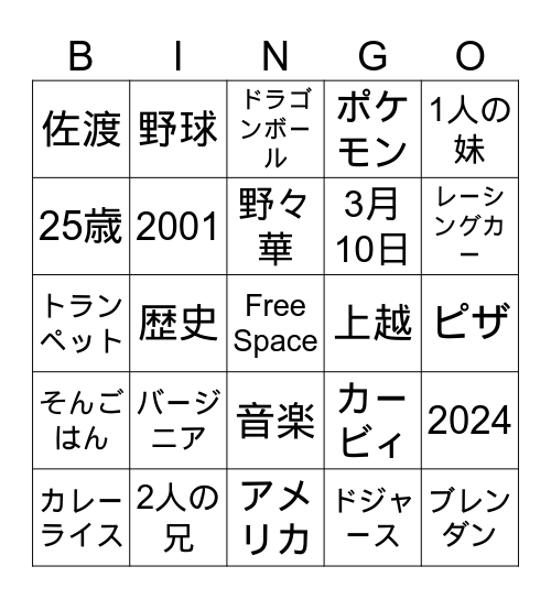 Brendan Bingo Japanese Version Bingo Card