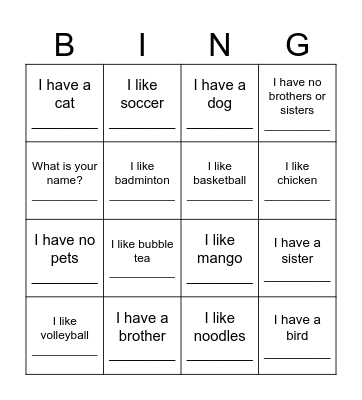 All About Me Bingo Card