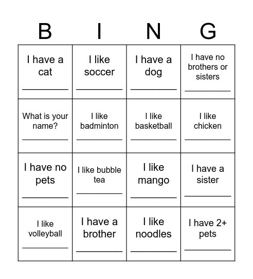 All About Me Bingo Card