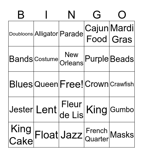 Mardi Gras Bingo Card