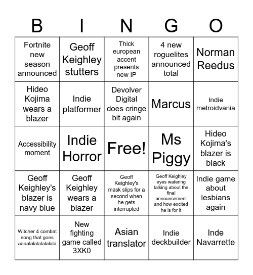 TGA26 Bingo Card