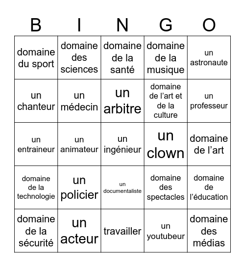 Métiers Bingo Card