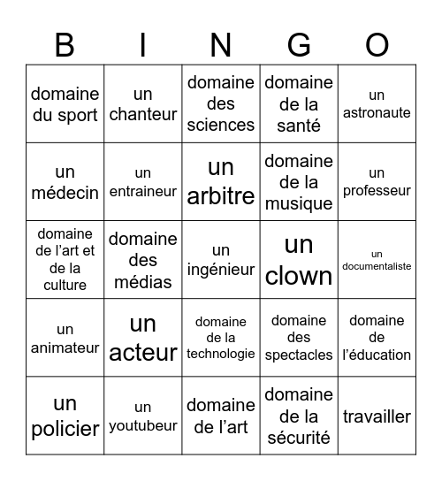 Métiers Bingo Card