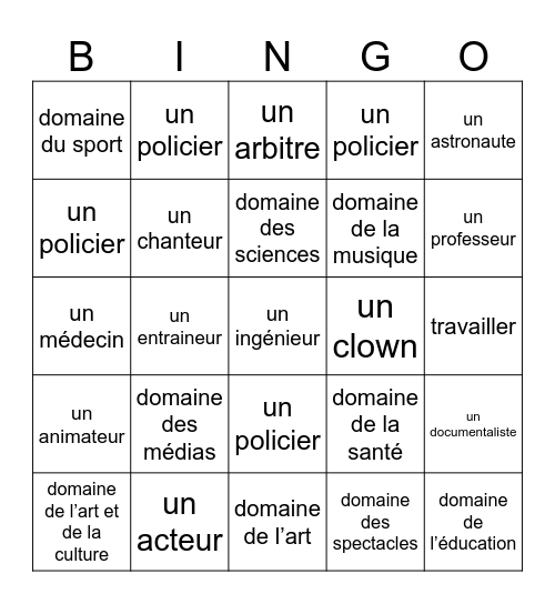 Métiers Bingo Card