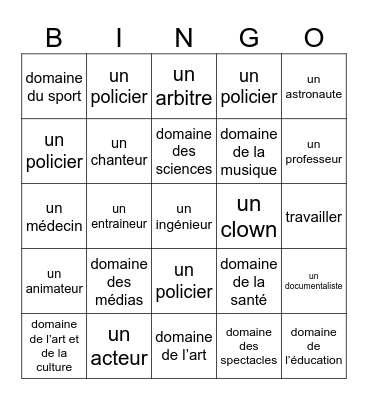 Métiers Bingo Card