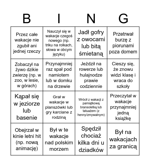 Bingo klasowe Bingo Card