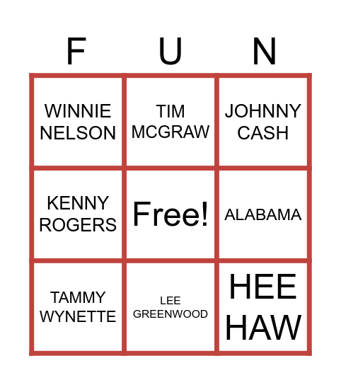 Singalong Country Bingo Card