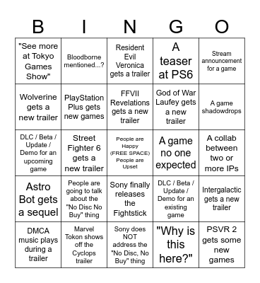 Sony State of Play - September 2026 Bingo Card