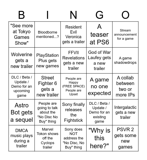 Sony State of Play - September 2026 Bingo Card
