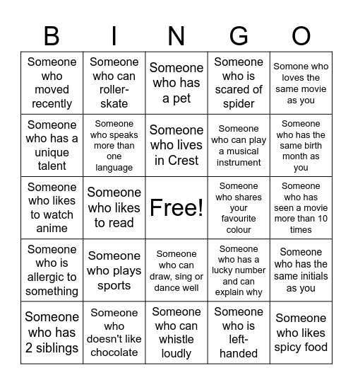 Get To Know Your Classmates Bingo Card