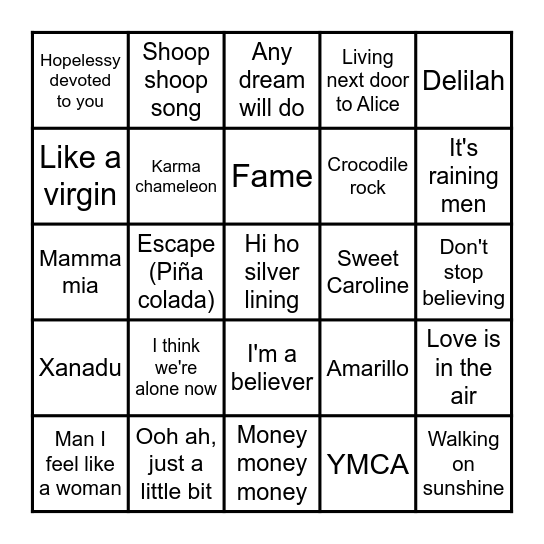 Spice's Jukebox Bingo Card