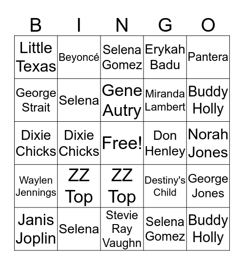 Texas Musicians Bingo Card