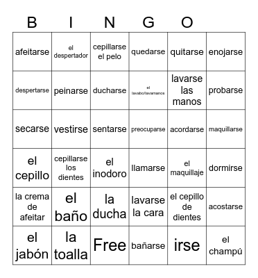 Reflexive Verbs - Spanish 2 Bingo Card
