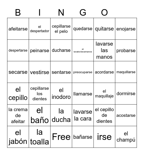 Reflexive Verbs - Spanish 2 Bingo Card