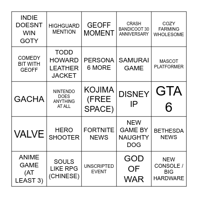 THE GAME AWARDS 2026 Bingo Card