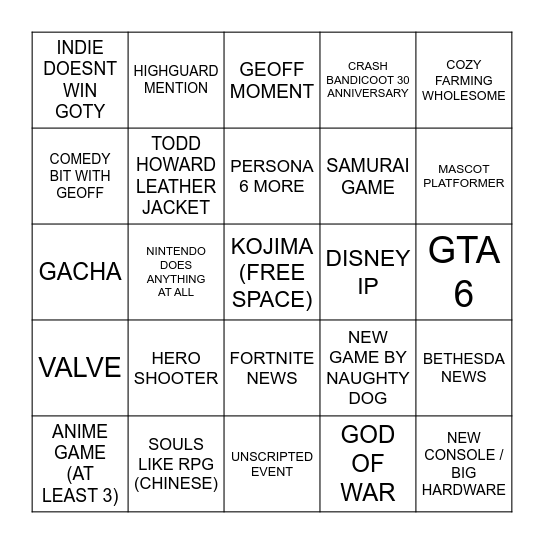 THE GAME AWARDS 2026 Bingo Card