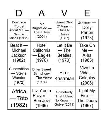 Musical Bingo Card