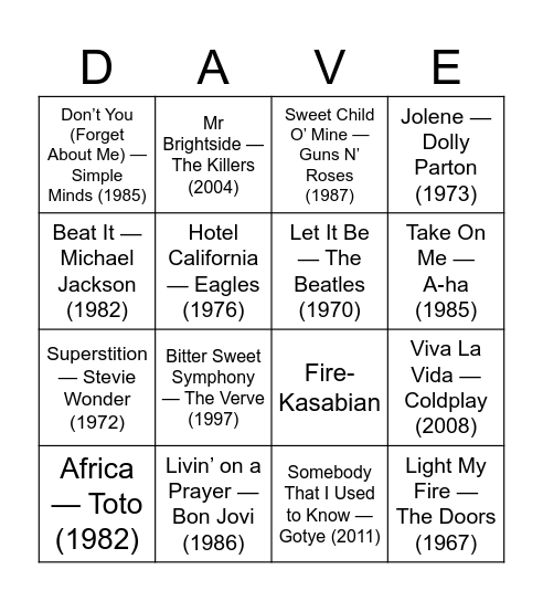 Musical Bingo Card