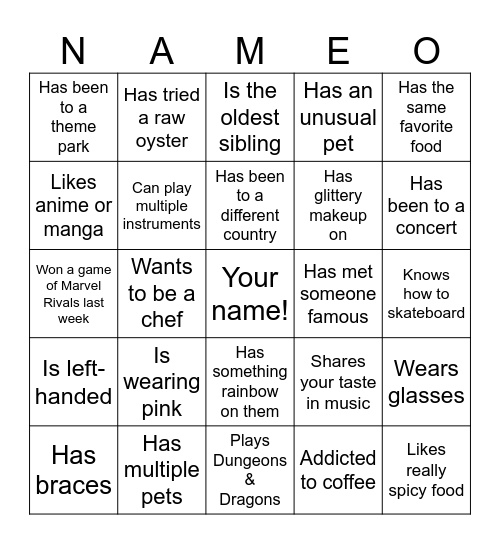 Summer Bingo: Find a match and write their name on the square. Bingo Card