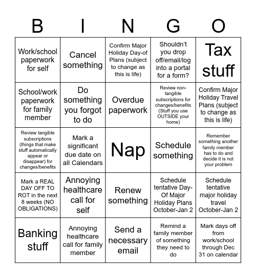 Administrative Duties Bingo Card