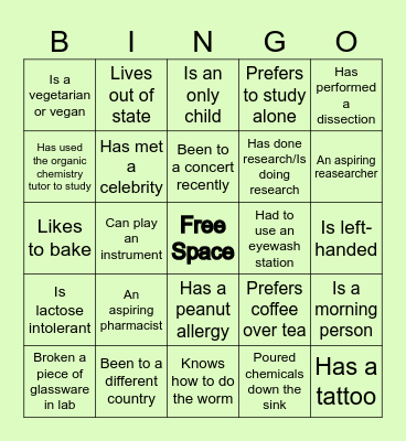 Personality Bingo Card