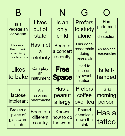 Personality Bingo Card