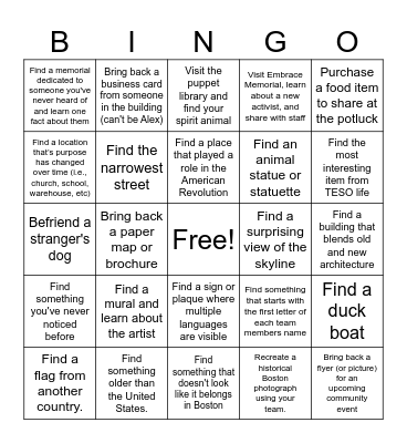 Staff Outing Scavenger Hunt Bingo Card
