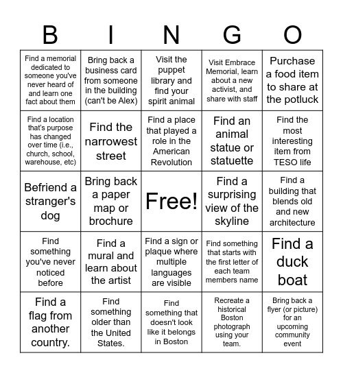 Staff Outing Scavenger Hunt Bingo Card