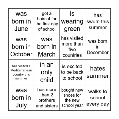 Back to school Bingo Card