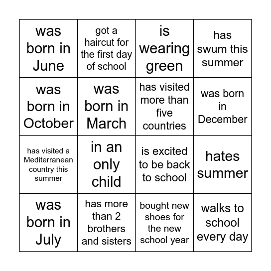 Back to school Bingo Card