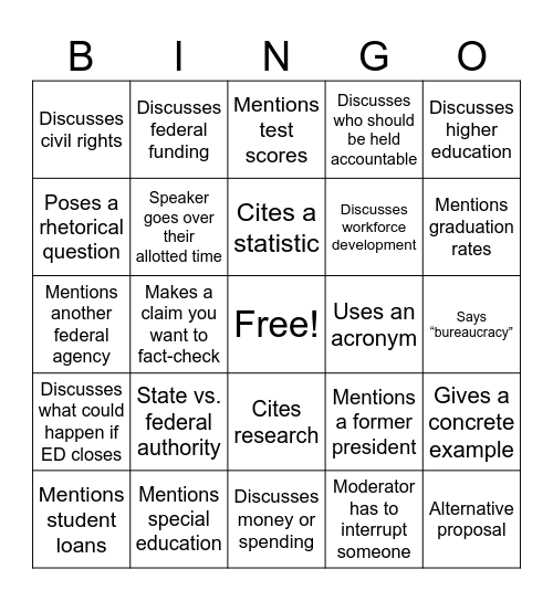 LCE Education Policy Debate Bingo Card