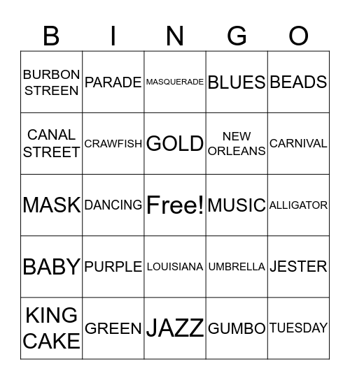 MARDI GRAS Bingo Card