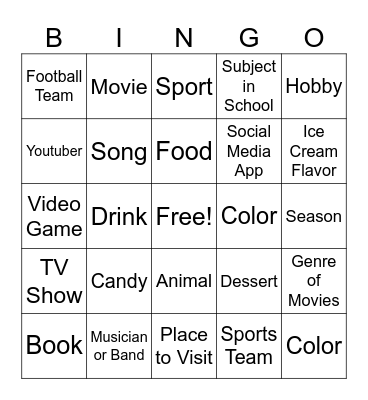 Favorites BINGO Card