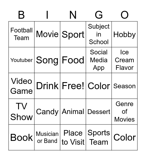 Favorites BINGO Card