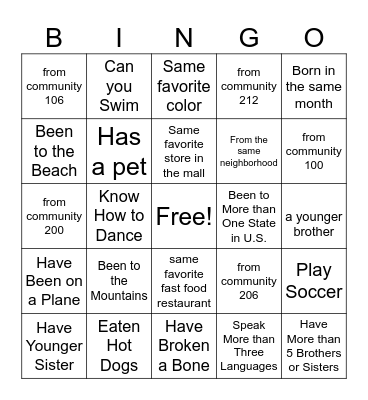 Ice-Breaker Scavenger Hunt Bingo Card