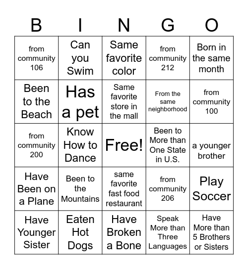 Ice-Breaker Scavenger Hunt Bingo Card