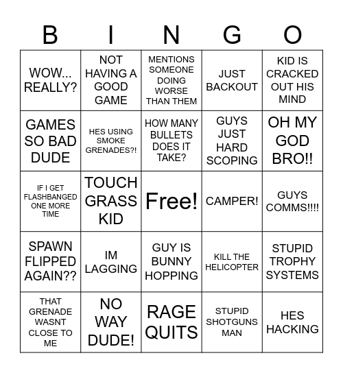 RYANS EXCUSE COD BINGO Card