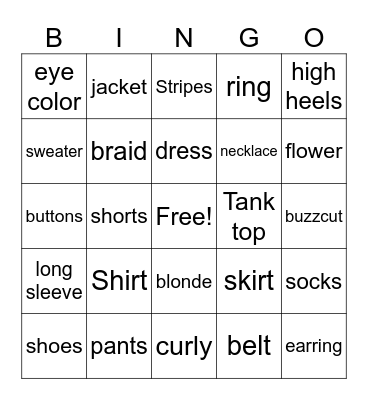 clothes Bingo Card