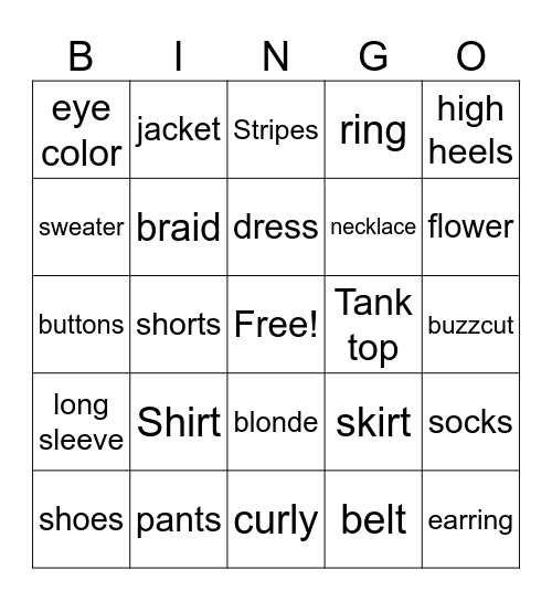 clothes Bingo Card