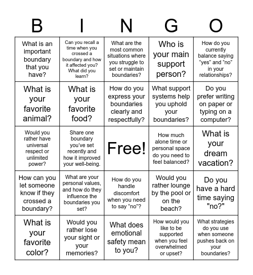 Healthy Boundaries Bingo Card