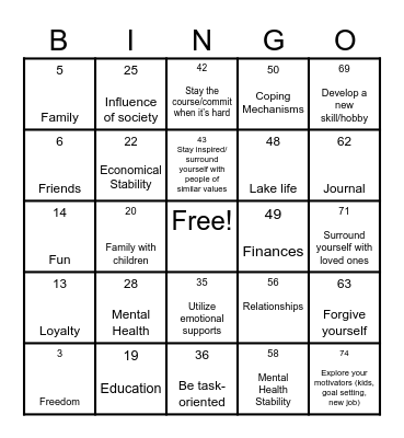 VALUES Bingo Card