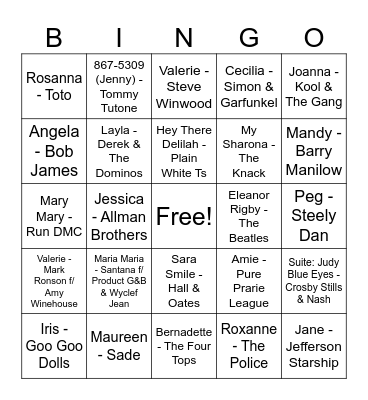 Songs with Women's Names Bingo Card