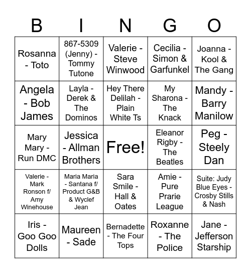 Songs with Women's Names Bingo Card