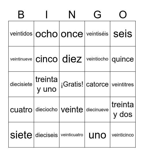 Los Números Bingo Card